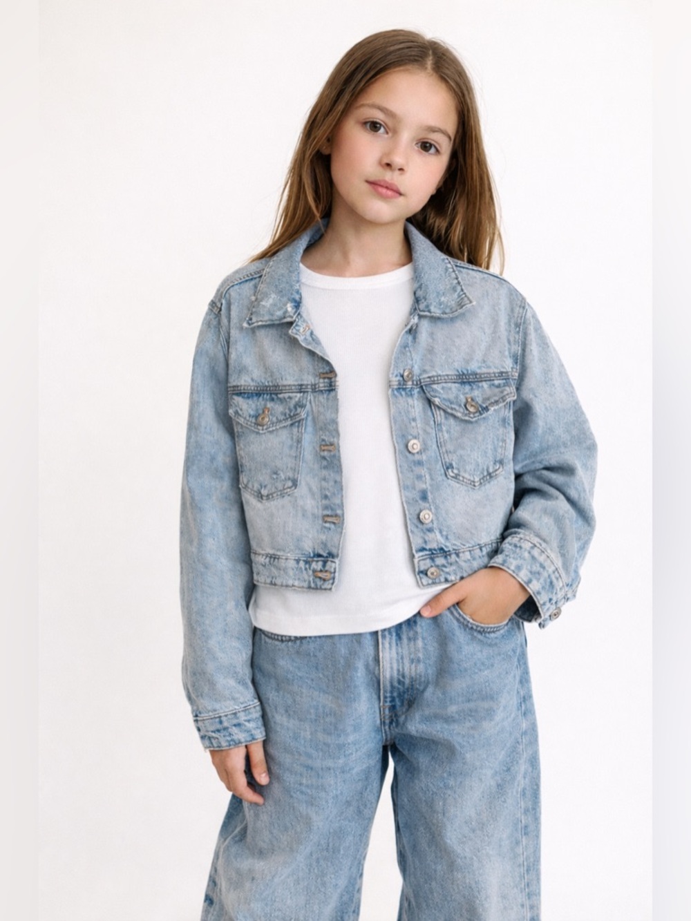 Zara Kids Cropped Denim Jacket Light Wash SZ 11-12 Distressed Whimsical Trucker